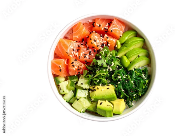 Obraz Poke bowl with salmon, avocado, vegetables and rice isolated on transparent background