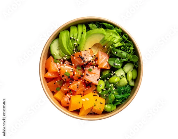 Obraz Poke bowl with salmon, avocado, vegetables and rice isolated on transparent background