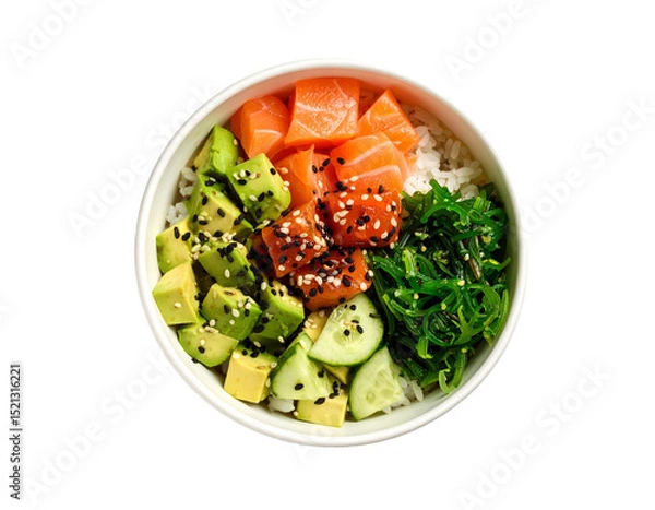 Obraz Poke bowl with salmon, avocado, vegetables and rice isolated on transparent background