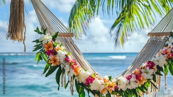 Fototapeta A relaxing hammock adorned with vibrant tropical flowers gently sways in a soft ocean breeze on a pristine beach, offe a tranquil escape under swaying palm trees.