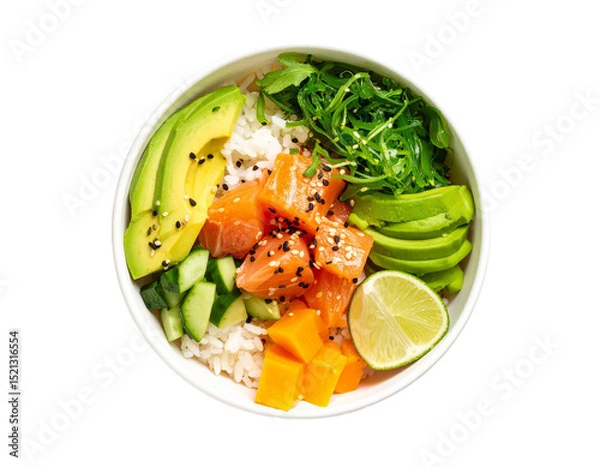 Obraz Poke bowl with salmon, avocado, vegetables and rice isolated on transparent background