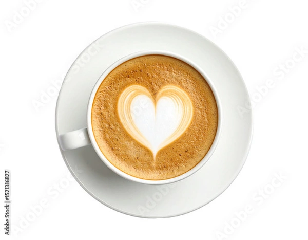 Obraz cappuccino in cup with heart latte art on transparent background, top view