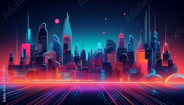 Fototapeta a cityscape with neon lights and buildings is shown in a futuristic style