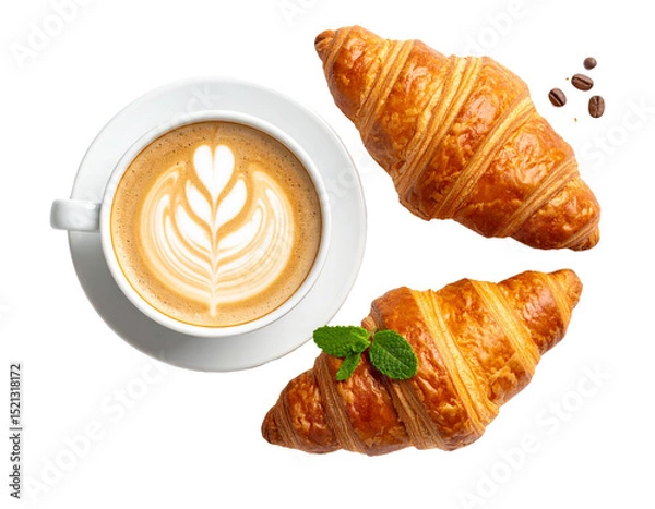 Obraz Cup of coffee with latte art and croissants isolated on transparent background