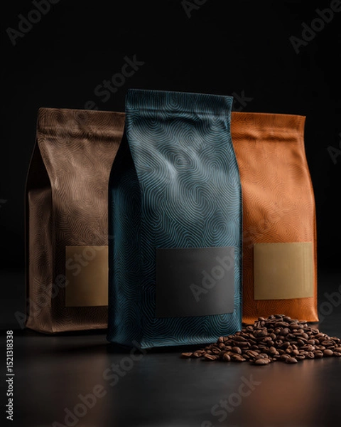 Fototapeta Three bags of coffee beans with different colors and designs. The bags are placed on a table with a pile of coffee beans in the foreground