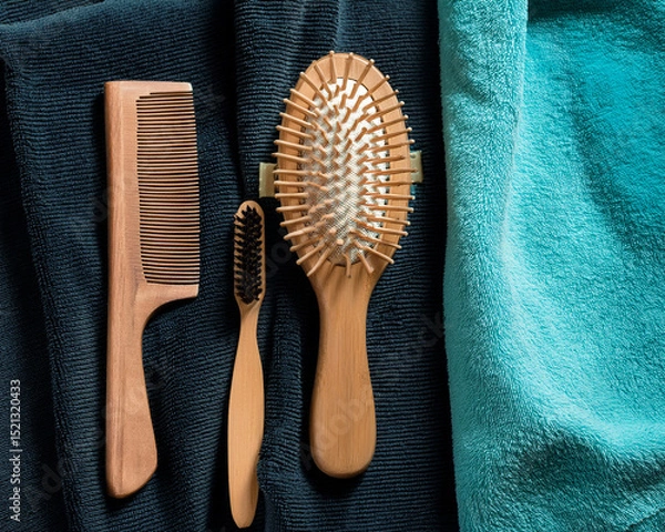 Fototapeta A wooden comb and brush set on a flatlay of teal and black towels