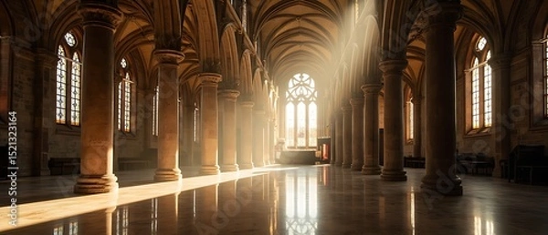 Fototapeta Magnificent interior view of a classical cathedral with sunbeams streaming through stained glass windows illuminating the church architecture