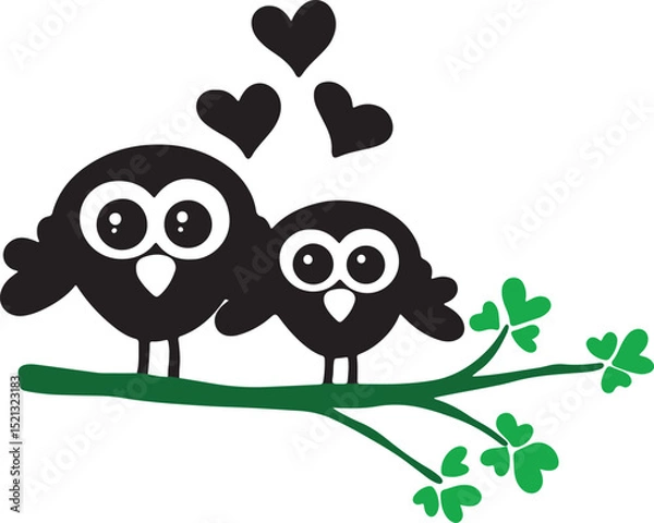 Obraz Cute love owls on tree branch.