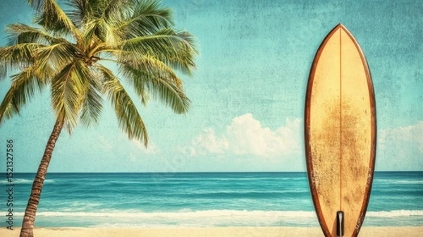 Fototapeta Retro Hawaii: Surfboard and Palm Tree Against a Serene Beach Paradise