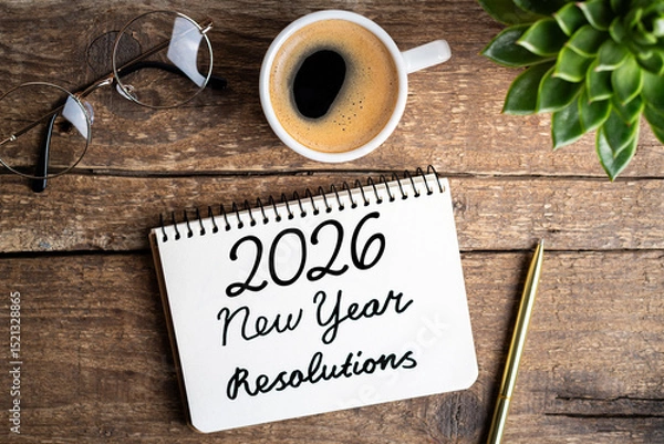 Fototapeta New year resolutions 2026 on desk. 2026 goals list with notebook, coffee cup, plant on wooden table. Resolutions, plan, goals, action, checklist, idea concept. New Year 2026 resolutions. Copy space