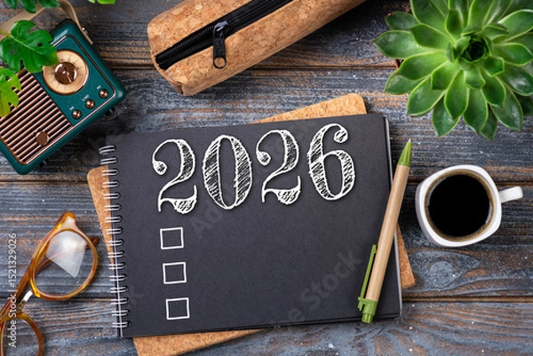Fototapeta New year resolutions 2026 on desk. 2026 goals list with notebook, coffee cup, plant on wooden table. Resolutions, plan, goals, action, checklist, idea concept. New Year 2026 resolutions, copy space