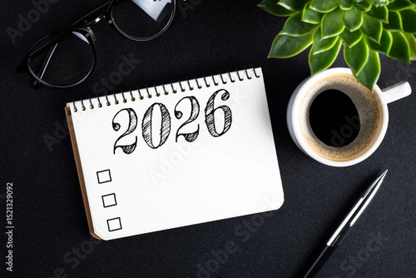 Fototapeta 2026 New year resolutions on desk. 2026 goals list with notebook, coffee cup, plant on black table. Resolutions, plan, goals, action, checklist, idea concept. New Year 2026 resolutions. Copy space
