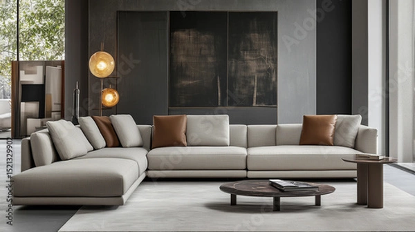 Fototapeta Stylish and cozy beige living room with beige sofa and beige walls and interior