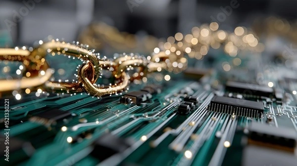 Fototapeta Stylized blockchain chain with circuit board glow details. AI generated