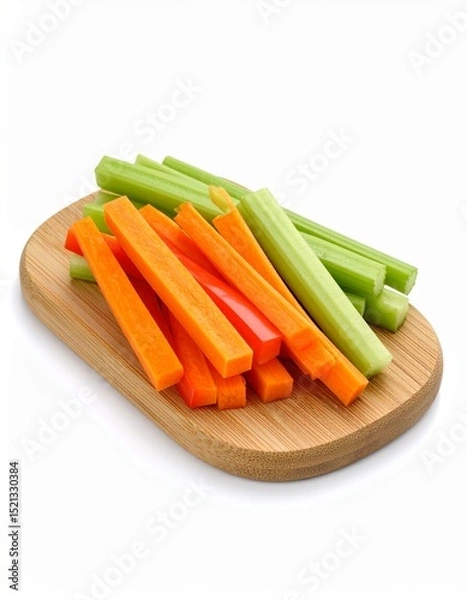 Obraz Bastones de zanahoria, apio, pepino y pimientos sobre tabla de madera, fondo blanco, estilo limpio y natural.