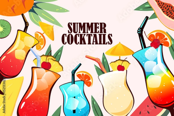 Fototapeta Summer cocktails background. Summer refreshing drinks and fruits. Vector illustration.