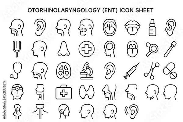 Fototapeta ENT Icon Sheet: A meticulously crafted icon sheet showcases a collection of detailed illustrations representing various aspects of ear, nose, and throat, embodying precision and professionalism.