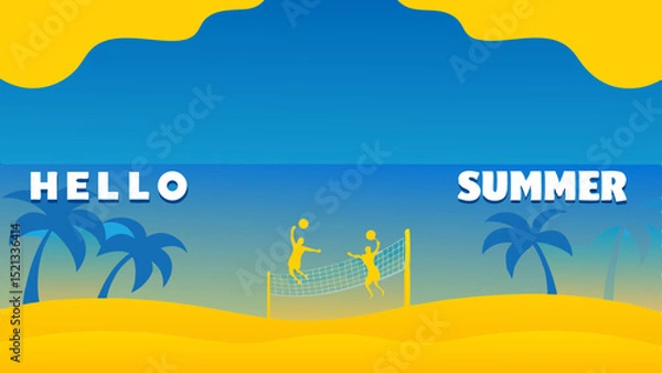 Fototapeta Illustration of a beach volleyball game with palm trees and the words hello summer on a sunny day