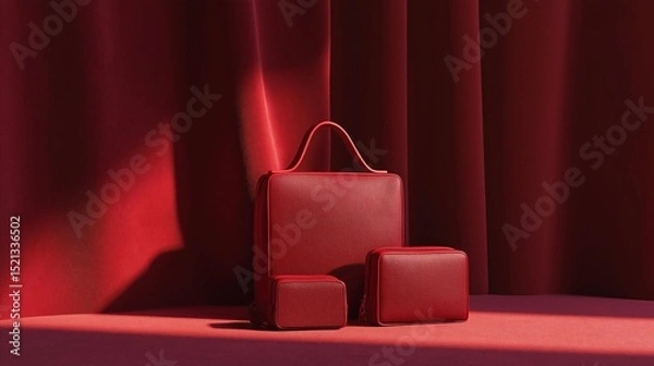 Fototapeta Red suitcase and two small boxes on a pink surface. the suitcase is rectangular in shape and has a handle on top. it appears to be made of leather or a similar material.