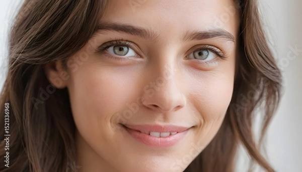 Obraz Smiling young woman portrait indoor setting lifestyle photography natural light soft focus capturing joy and serenity