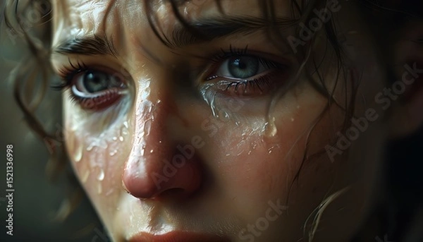 Obraz Emotional portrait of a young woman urban setting close-up intense mood nature elements exploring vulnerability