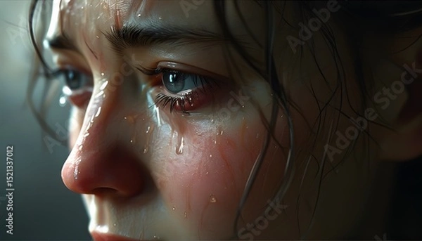 Obraz Emotional moment close-up of tearful young woman indoor setting portrait photography intimate environment capturing vulnerability