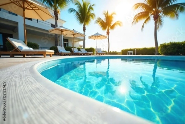 Fototapeta Sparkling clean pool water, reflecting sunlight on a pristine white pool deck Perfect for summer relaxation and luxury resort imagery , bright, swimming pool, backyard