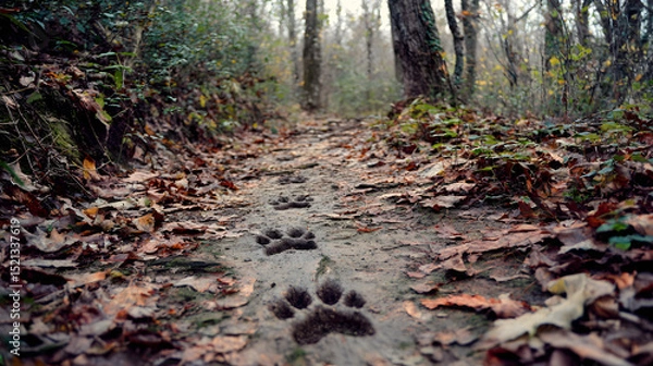 Obraz Leaf-covered forest path with clear animal tracks footprints leading into woods

