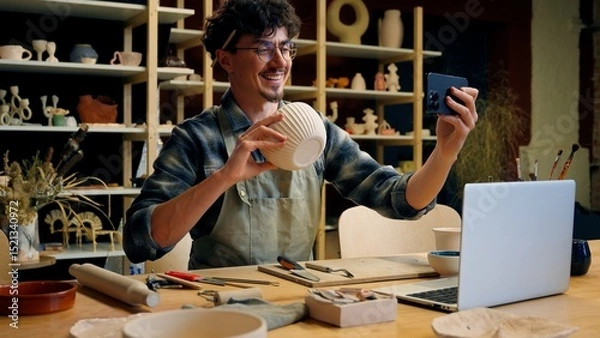 Fototapeta Small business owner Caucasian man guy artist potter salesman blogger influencer mobile phone photo male sculptor craft sale online blog ceramics sell online social media handmade in pottery workshop