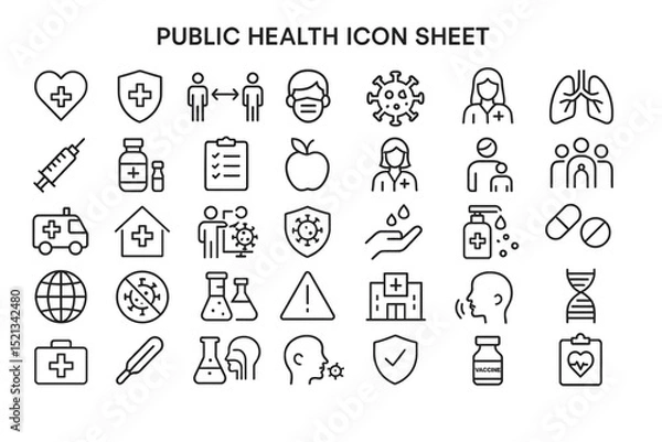 Fototapeta Public Health Icon Sheet: A comprehensive collection of line icons related to public health, including medical symbols, virus imagery, and preventive measures.