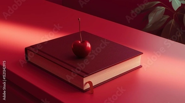 Obraz 3d rendering of a red book with a single red apple on top of it. the book is placed on a red surface with a plant on the right side of the image.
