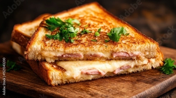 Fototapeta A mouth-watering grilled cheese sandwich, golden brown and crispy, oozing melted cheese, served on a rustic wooden board, enticing viewers with its warmth and flavor.