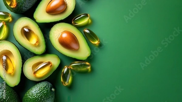 Fototapeta This aesthetic presentation features freshly halved avocados alongside soft gel supplements, illustrating the harmony between healthy eating and well-being.