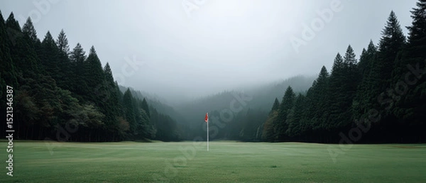 Fototapeta Serene golf course surrounded by tall pine trees and misty mountains creates peaceful and calm atmosphere on green course