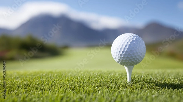 Fototapeta Close up of golf ball on tee on green golf course with mountains in background under blue sky
