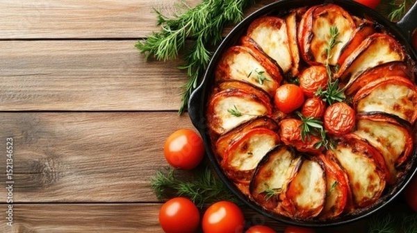 Fototapeta A vibrant vegetable dish featuring arranged slices of assorted vegetables topped with herbs, presenting an artistic and colorful interpretation of rustic cuisine.