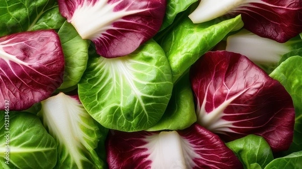Fototapeta A vibrant assortment of fresh leafy greens, featuring bright red radicchio leaves and green napa cabbage, ideal for healthy salads and culinary inspirations.