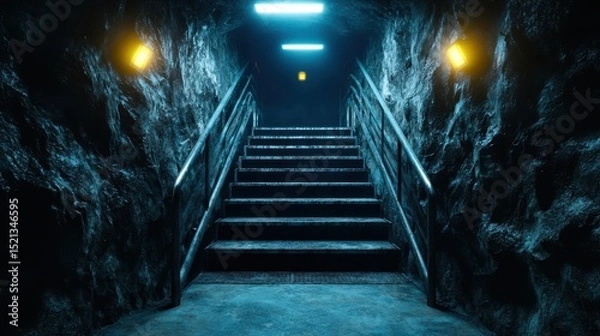 Obraz A dimly lit staircase leads up through a rocky passage, illuminated by soft ambient lights, creating an intriguing atmosphere of mystery and discovery in a subterranean setting.