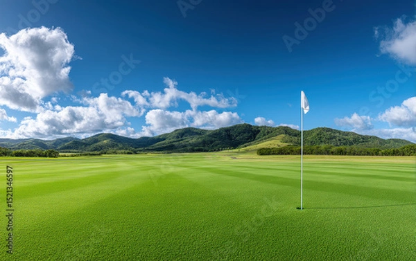 Fototapeta Bright golf course under blue sky with fluffy clouds and green hills in background creating peaceful outdoor scene