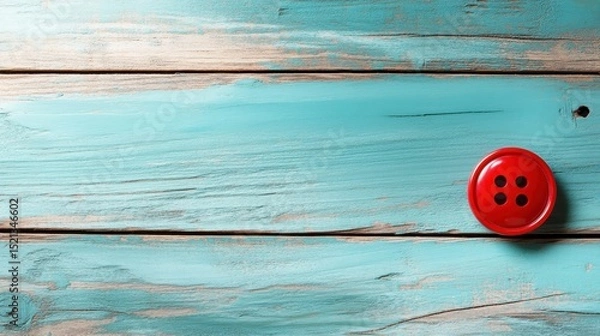 Fototapeta A striking red button contrasts beautifully against a rustic turquoise wooden board, ideal for sewing, crafting, or artistic visuals in themed photography.