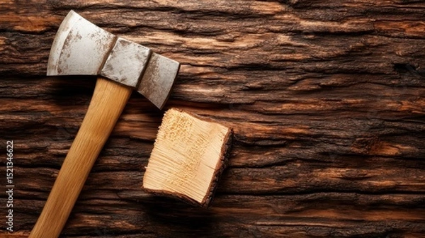 Fototapeta A rugged axe rests on a rough wooden log, symbolizing hard work and craftsmanship, ideal for discussions around outdoor activities, woodworking, and nature adventures.