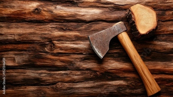 Obraz This image showcases a well-used axe resting on a log, capturing the essence of craftsmanship and nature in a rustic and serene wooded environment.
