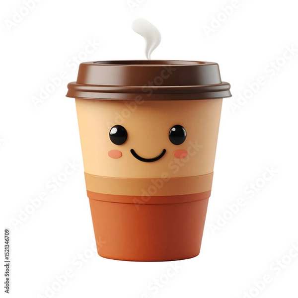 Fototapeta Joyful Brew: A charming cartoon cup of coffee exuding warmth, with a cheerful face. Perfect for evoking the feeling of a comforting, delightful morning ritual.