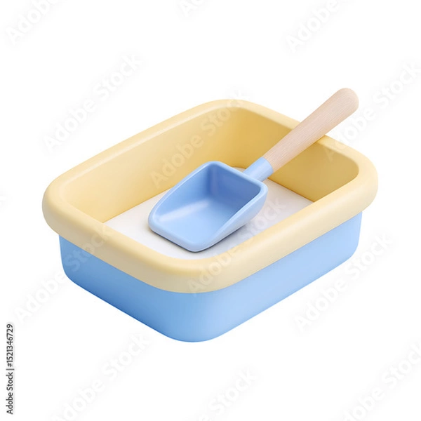 Fototapeta A minimalistic 3D flat icon depicting a pastel yellow and blue litter box with an attached scooping tool designed for pet care and household organization