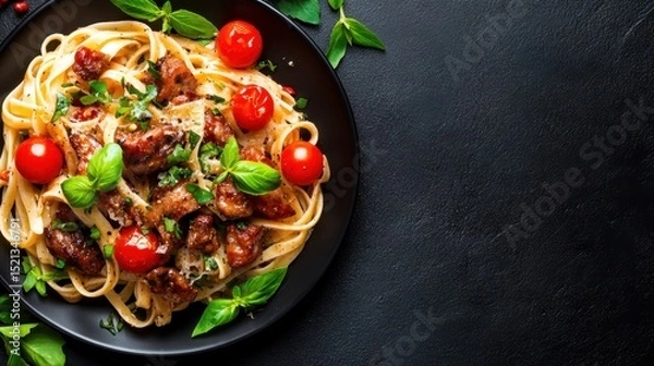 Fototapeta A mouthwatering plate of pasta adorned with fresh ingredients, showcasing culinary artistry and the essence of dining experiences filled with flavor and comfort.