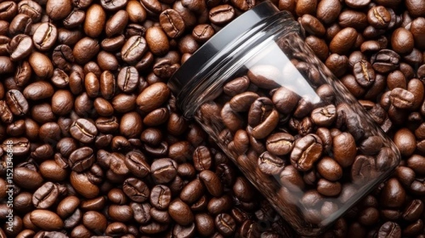 Fototapeta This enticing image displays roasted coffee beans spilled from a glass jar onto a brown surface, evoking the rich aroma and warmth associated with coffee culture.