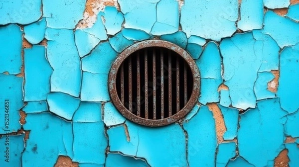 Fototapeta An image highlights a round vent cover embedded in a wall featuring peeling blue paint, showcasing the decay and beauty of textures in an abstract environmental context.