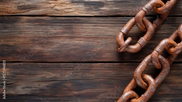 Fototapeta This image depicts a close-up of rusty chain links resting on weathered wooden planks, showcasing texture, age, and the interaction between metal and wood.