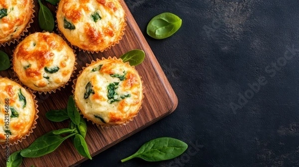 Fototapeta These fresh spinach muffins are beautifully baked, showcasing a golden-brown top with flecks of green spinach, perfect as a savory snack or healthy breakfast option.