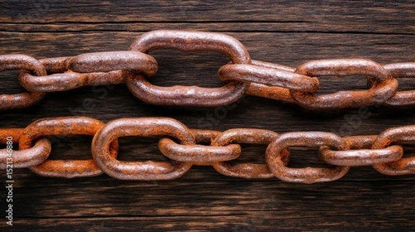 Fototapeta This close-up image of heavy rusted chains on a wooden table captures the essence of strength and durability, often symbolizing connection and resilience in life.